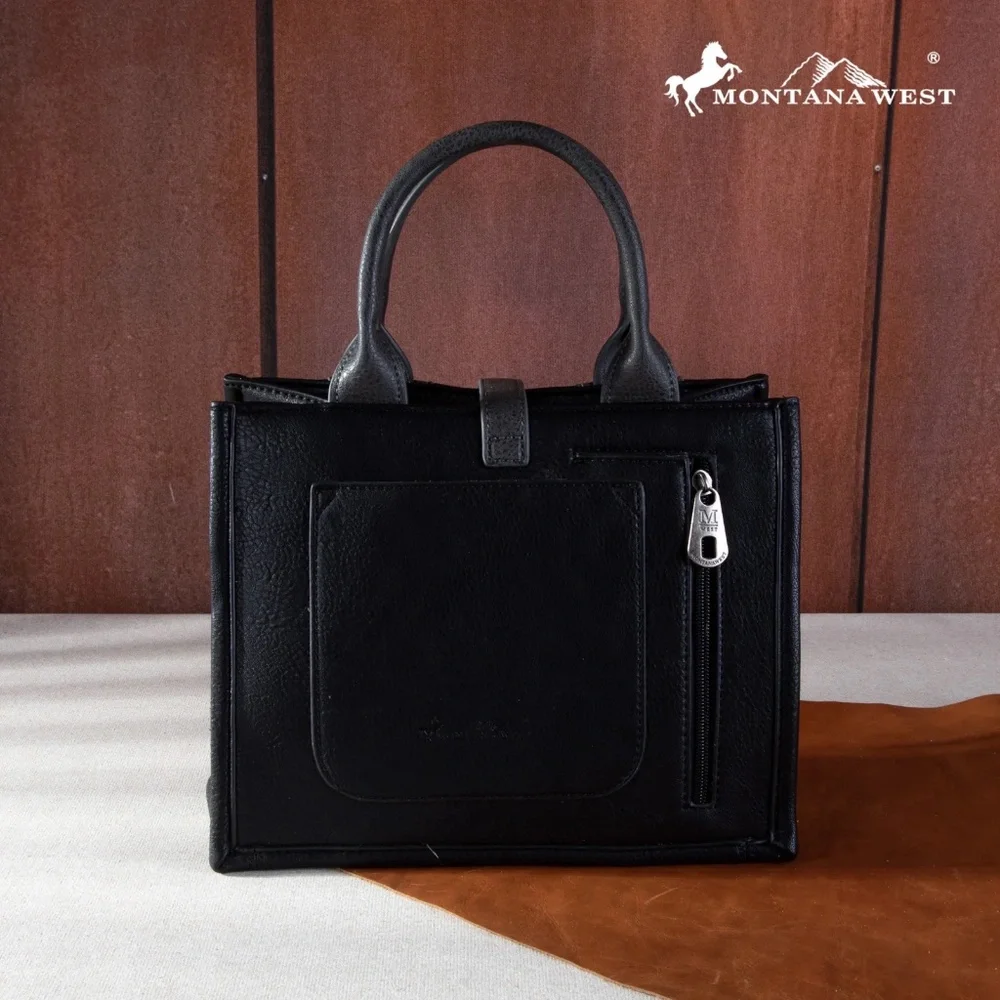 Montana West Buckle Aztec Concealed Carry Tote/Crossbody - Black